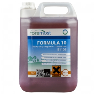 B1108 Formula 10 heavy duty degreaser - non tainting Emulsifies animal fats, grease, blood and protein with ease
Contains effective detergents for soil penetration
Non Tainting Ideal Food Plant cleaner
Aluminium Safe
Controlled foam, no excessive rinsing
 Selden, HD Degreaser, F052 5lt