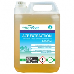 B2000M Ace Extract Carpet Extraction Shampoo - Low Foam Woolsafe carpet extraction shampoo
Suitable for use with hot or cold water
Rapid removal of carpet soiling
For carpets, including wool and upholstery
Pleasant Citrus fragrance
  5lt