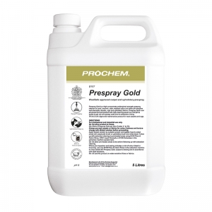 B2107 Prochem Prespray Gold A high concentrate professional strength pre-spray cleaner for wool, wool-mix, stain resistant nylon and other pH sensitive, wet-cleanable carpets, rugs and upholstery fabrics.WoolSafe approved maintenance product for wool carpets and rugs.Amber liquid with floral lemon fragrance.  5lt