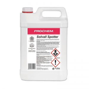 B2123 Prochem Solvall A high performance volatile dry solvent for general spot cleaning of oil, grease, adhesives, tar, gum, oil-based paints and many other solvent soluble stains on carpets and fabrics.Clear solvent with light orange fragrance.  5lt