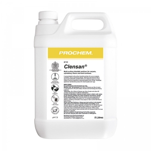B2125 Prochem Clensan 5lt Multi-surface biocidal sanitiser for carpets, upholstery, floors and hard surfaces.
Effective against bacteria and viruses. Approved to EN1276, EN13697, EN13727, EN14476, EN1650.
Apply by directly by sprayer.
WoolSafe approved maintenance product for wool carpets and rugs.
Clear liquid with herbal lemon fragrance.
  5lt