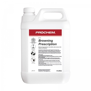 B2175 Prochem Browning Prescription Special formula for treating jute browning and large areas of water damage staining on carpets.Contains anti-browning and anti-yellowing agents.Dilute with water and apply by sprayer or add to B105 Fibre Shampoo for rotary brush application, then extract with water.Clear liquid.  5lt