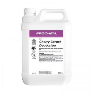 B2224 Prochem Contract Carpet Deodoriser A powerful and pleasantly perfumed deodoriser formulated to destroy unpleasant odours in carpets.Can be diluted with water and pre-sprayed onto carpet or added to extraction or shampoo cleaning solutions.Pink liquid with cherry fragrance.  5lt