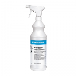 B2501 Prochem Microsan 1 litre Multi-surface biocidal cleaner for carpets, upholstery, floors and hard surfaces.Effective against bacteria including MRSA and viruses including Hepatitis B and HIV.Approved to EN1276.Clear liquid with apple blossom fragrance.  1lt