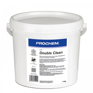 B2776 Prochem Double Clean A concentrated heavy-duty extraction detergent, formulated for optimum performance in cleaning heavily soiled carpets.Double Clean contains high quality anionic and non-ionic surfactants, alkaline builders and corrosion inhibitor.Blue powder with citrus mint fragrance.  4kg