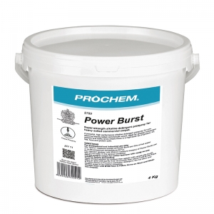 B2789 Prochem Power Burst Enzyme-free high performance alkaline detergent pre-spray for pre-cleaning heavily soiled commercial carpet.Ideal for greasy restaurant carpets and traffic lanes where there is a high build-up of grease.Can be pre-diluted for use in injection sprayers.White powder with floral fragrance.  4kg