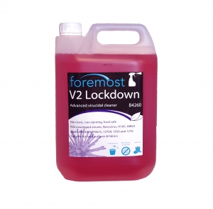 B4260 V2 Lockdown advanced virucidal cleaner - concentrate V2 Lockdown cleans and sanitises frequently touched items such as door handles, tables, banisters etc. and is suitable for damp mopping floors.
Non-hazardous, non-toxic and bleach free
Essential in fighting cross-contamination
Passes EN 1276, 13704, 1650, 14476 & 14675
Independently proven to kill the HIV, Hepatitis C, Norovirus, H1N1 Influenza viruses, Swine Flu,  MRSA & Clostridium difficile. Also certified to kill common food poisoning bacteria including Salmonella typhimurium, Listeria monocytogenes and Escherichia coli.  5lt