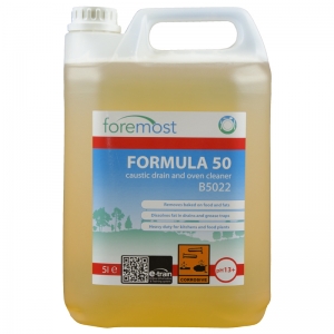 B5022 Formula 50 heavy duty caustic oven & drain cleaner Caustic drain and oven cleaner
Removes baked on fat and shortenings from ovens and kitchen ranges
Powerful chemical action dissolves fat blockages in drains and grease traps
Ideal food plant cleaner for manual and circulation cleaning
High Alkali - pH 13
 Selden, J02, J002, oven cleaner, caustic gel, caustic soda liquid 5lt