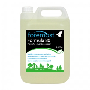 B5024 Formula 80 solvent degreaser Solvent degreaser
Heavy duty formula .
Strong powerful action rapidly cuts through grime and dirt, strips polish from floors.
Removes grease and grime build up in heavy industry and kitchens.
Controlled foam, no excess lather to rinse away.
High Alkali - pH 13
 strongarm, F040, F40, Selden,zf040 5lt