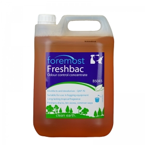 B5045 Freshbac biocidal odour control concentrate Formulated for Industrial and Environmental use.
Eradicates offensive odours from tower block refuse chutes.
Controls sewage farm and refuse dump odours.
Sweetens and freshens drains and settling tanks.
Powerful effective biocide
Restores hygienic conditions, antimicrobial value (BS 6471) - QAP 70.
 Reosan, Freshbac, BC40, Bubblegum, disinfectant, cherry, deodoriser, E012, E12,ze012 5lt
