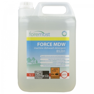 B5201 Force MDW machine dishwash A soft water machine dishwashing detergent for low soil and tannin levels.
An advanced formulated machine dish wash detergent with a unique blend of detergents for accelerated soil removal.
Active de-foamers work in the toughest of conditions, whilst progressive corrosion inhibitors protect dishwasher parts.
Rapidly removes grease and food deposits
Ideal for all crockery and cutlery
For use in commercial equipment only
Strong Alkali - pH 13
 Selden 5lt