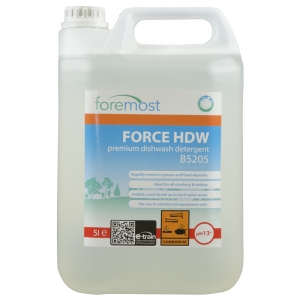 B5205 Force HDW hard water machine dishwash Highly concentrated dishwashing detergent for high soil and low tannin levels
Advanced formulated machine dish wash detergent with a unique blend of detergents for accelerated soil removal.
Active de-foamers work in the toughest of conditions, whilst progressive corrosion inhibitors protect dishwasher parts.
Rapidly removes grease and food deposits
Ideal for all crockery and cutlery
For use in commercial equipment only
Strong Alkali - pH 13
 Selden 5lt