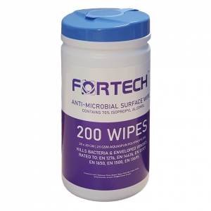 6 x Fortech 70% Alcohol surface wipes in tubs - 200 sheet 20x20 cm