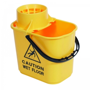 Professional 15lt mopstrainer bucket with safety msg Yellow