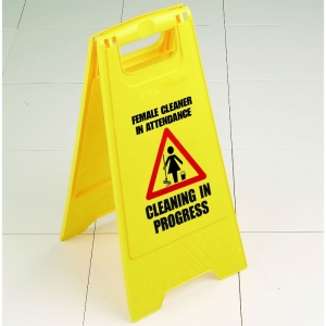 Male / Female cleaner in attendance wet floor sign