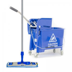 Blue flat mop kit contains bucket, frame, head and handle