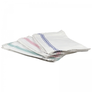 White cotton tea towels with coloured stripe