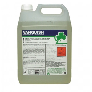 B1108V Clover Vanquish oven and food plant cleaner Ideal to rapidly remove charred food debris, dried bloods, fats and grease from a range of surfaces, including; ovens, deep fat fryers, extraction hoods and filters, grills, skillets, waffle bakers and equipment.   5lt