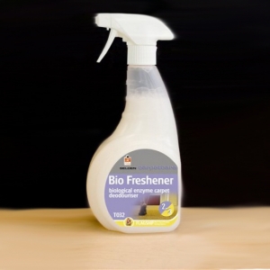 B1320 750ml Enzyme cleaner - lemon fragrance, breaks down bacteria Enzymatic action, natural and effective odour eliminator. 
Breaks down organic soiling and stains. 
Ideal for washrooms and use on carpets. Safe for use on all types of absorbent surfaces.
Use on urine, smells or stains in washrooms, on carpets, or hard surfaces.
Biodegrades urine into C02 and water. 
Replaces household bacteria that produce ammonia as a waste product.
Powerful citrus scent, immediate relief from foul smells, for instant reodorisation before the bacteria start working. 
Totally out performs all detergent alternatives.
Penetrates underneath the surface carpets to remove the source of odours from carpet backing and underlay.  750ml