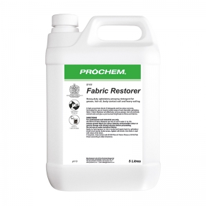 B2108 Prochem Fabric Restorer Premium upholstery pre-spray with high concentrate blend of detergents, low odour solvents and anti-resoil agents, for use on grease, hair oil and body contact areas of wet cleanable fabrics. Clear liquid with citrus fragrance.  5lt