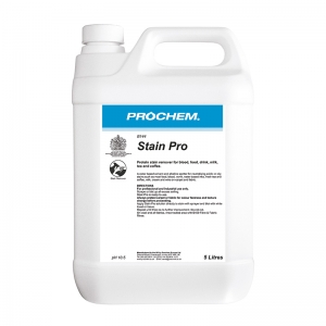 B2144 Prochem Stain pro 5lt Heavy duty water and solvent based alkaline protein spotter for blood, vomit, wine, ink, fresh tea and coffee and most food based stains.Clear liquid with mint fragrance.  5lt
