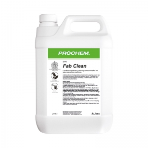 B2145 Prochem Fab Clean Upholstery fabric extraction concentrate for use on wet cleanable colourfast fabrics.Contains a unique blend of low foam biodegradable surfactants.Turquoise liquid with green apple fragrance.  5lt