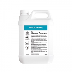 B2217 Prochem Ultrapac Renovate A highly concentrated multi-surface cleaner and pre-spray product for the removal of dry soot, carbon, fire residues, filtration soils, ingrained soils, rubber and draught marks on carpets, fabrics, hard and semi-porous floors and other surfaces. Highly effective on polypropylene (olefin) carpets as a pre-spray and in conjunction with B151 Oxibrite. Cationic solvent free formula "pulls out" soils by neutralising electrical charge and deodorises on application. Excellent cleaner for fire restoration and safety flooring.  5lt