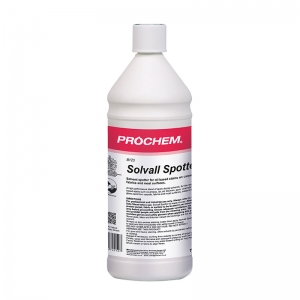 B2323 Prochem Solvall A high performance volatile dry solvent for general spot cleaning of oil, grease, adhesives, tar, gum, oil-based paints and many other solvent soluble stains on carpets and fabrics.Clear solvent with light orange fragrance.  1lt
