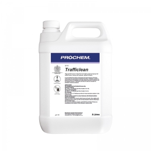 B2710 Prochem Trafficlean Industrial strength high concentrate formula with extra water soluble solvents for grease removal.Pre-test for colour fastness and apply to all heavily soiled and greasy areas of carpet prior to extraction cleaning.Turquoise green liquid with mint fragrance.  5lt
