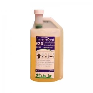 B3422 E20 Eco-Dose Concentrated lemon cleaner & degreaser & virucide 1lt E20 Concentrated Lemon cleaner & degreaser is a great all-round cleaner; suitable for use on glass, washroom cleaning, office cleaning, damp mopping and touch-point sanitisation.
Simplified concentrate dosing system
Bactericidal & Virucidal - EN1276 with 30 seconds contact time, Norovirus with 5 minutes contact time
For use on all water washable surfaces
Clean lemon fragrance
For more information, click here...  1lt