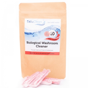 B3830 Solupak Biological washroom cleaner - fragranced - pack of 10 This washroom cleaner is for use in all areas including walls, doors, ledges, toilets, urinals, basins and showers. The chemical will remove limescale, daily use stains, dirt and also reduce odour. 
Packed in resealable and recyclable waterproof stand up pouches.
 solupak, sachets, compact, chemicals 10 sachets