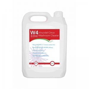 B3947 W4 Virucidal citrus washroom cleaner 5lt concentrate Dilute 1:50 into trigger sprayer bottle
Meets EN14476 in 1 minute contact time
Meets EN1276 with 99.999% efficacy
Descales and Cleans
Pleasant Citrus fragrance
Bactericidal & Virucidal  5lt