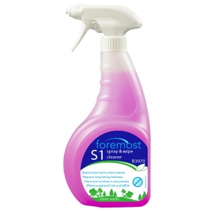 B3970 S1 Spray & Wipe ready to use 750ml Rapid action efficient cleaner for all non-porous surfaces.
Sanitises as it cleans.
Contains advanced quaternary biocide.
Pleasant smelling, freshens as it cleans.
Kills E.coli and MRSA
 the one range, the 1 range, hard surface cleaner, sanitiser, multi-purpose cleaner, spray and wipe, spray n wipe, t01, t001, selden 750ml