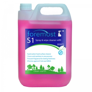 B3971 S1 Spray & Wipe - bulk refill 5lt Rapid action efficient cleaner for all non-porous surfaces.
Sanitises as it cleans.
Contains advanced quaternary biocide.
Pleasant smelling, freshens as it cleans.
Kills E.coli and MRSA
 the one range, the 1 range, hard surface cleaner, sanitiser, multi-purpose cleaner, spray and wipe, spray n wipe, f060, f60, selden 5lt
