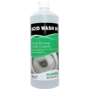B4205A1 1 litre Clover Acid Wash 80 powerful toilet cleaner descaler 
A highly concentrated acidic cleaner for the removal of severe water scale and rust marks.
Based on a special blend of surfactants with hydrochloric acid.
Not suitable for use on stainless steel.
As a highly powerful descaler, Acid Wash 80 is recommended to remove scale and stains in toilet deep-cleans.
Recommended for use in industrial or public washroom areas.
  1lt
