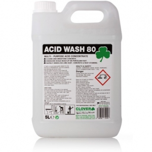 B4205A5 5 litre Clover Acid Wash 80 powerful toilet cleaner descaler 
A highly concentrated acidic cleaner for the removal of severe water scale and rust marks.
Based on a special blend of surfactants with hydrochloric acid.
Not suitable for use on stainless steel.
As a highly powerful descaler, Acid Wash 80 is recommended to remove scale and stains in toilet deep-cleans.
Recommended for use in industrial or public washroom areas.
  5lt