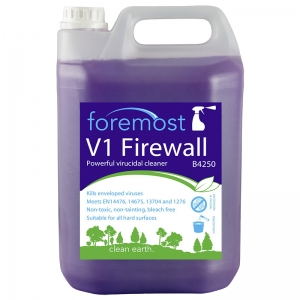B4250 V1 Firewall virucidal cleaner V1 Firewall cleans and sanitises frequently touched items such as door handles, tables, banisters etc. and is suitable for damp mopping floors.
Independently proven to kill the HIV, Hepatitis C, H1N1 Influenza viruses, Swine Flu,  MRSA & Clostridium difficile. Also certified to kill common food poisoning bacteria including Salmonella typhimurium, Listeria monocytogenes and Escherichia coli.Suitable for use in all public areas
Non-hazardous, non-toxic and bleach free
Essential in fighting cross-contamination
Passes EN 1276, 13704, 1650, 14476 & 14675

 he one range, the 1 range, virus killing, anti-bacterial, hard surface cleaner, c066, c66, selgiene ultra, viricidal, germ kill, swine flu, MRSA, hospitals, medical,zc066 5lt