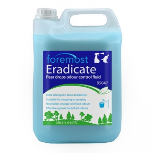 B5047 Eradicate powerful deodorising fluid Extremely strong deodorising fluid for removing unpleasant smells after body fluid spill situations, or for deodorising drains and sinks.
Extra strong non-toxic deodoriser
Suitable for mopping or spraying
Neutralises sewage and food odours
Pear-dop scent
  5lt