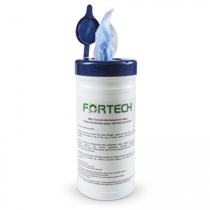 B8015 Fortech sanitising wet wipes in tub 150sh 20x23cm heavy duty 
Safe for use on food surfaces.
Ideal for gym equipment handles, catering, office desks and phones, use in vehicles cabs and other portable applications.
  150