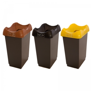 Set of 3 50 Litre Open Top Recycling Bins with Brown, Yellow and Black lids